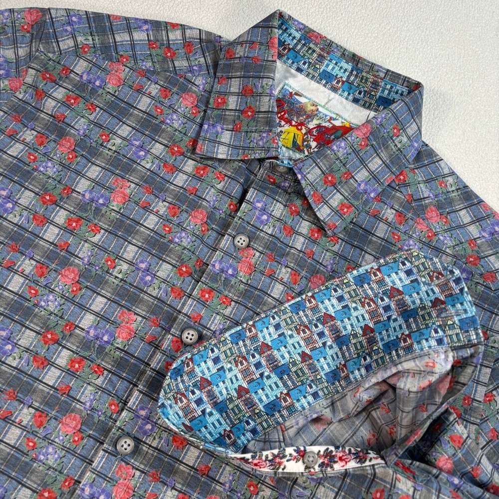 Robert Graham Shirt Men's S Multicolor Floral Plaid Flip Cuff Classic Button Up